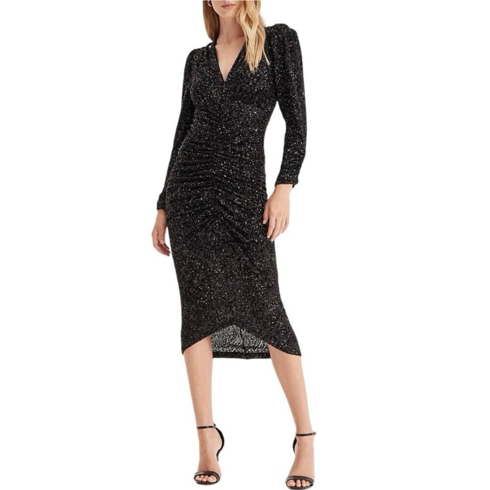 Express Express Sequin V-neck Puff Sleeve Ruched Midi Sheath Black XS